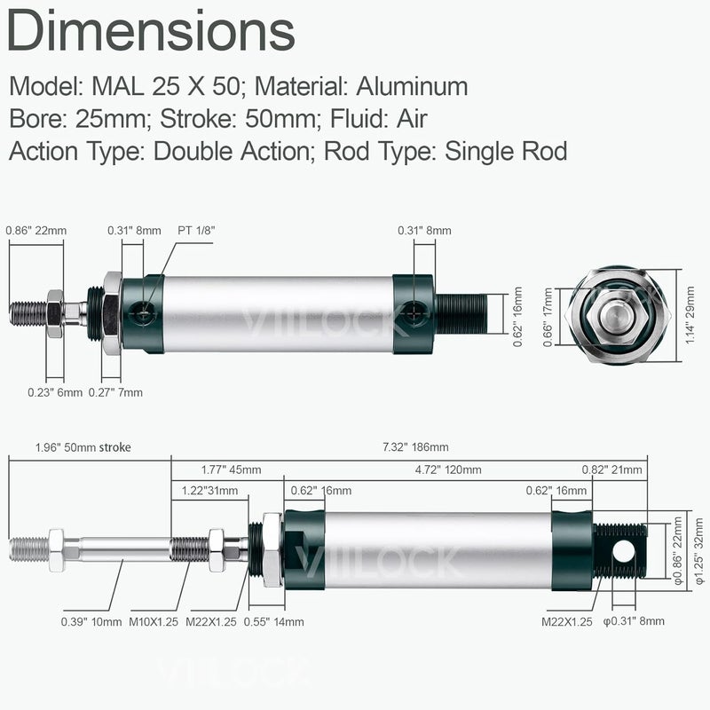 VIILOCK Pneumatic Air Cylinder 25mm Bore 50mm Stroke, Mini Air Cylinder Single Rod Double Action MAL 25 X 50 - Image 4